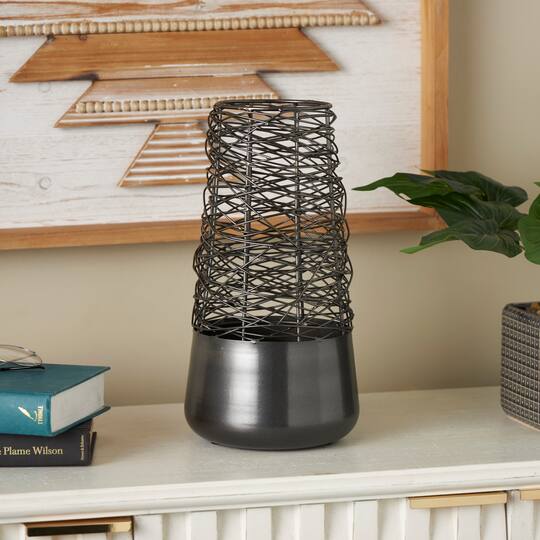 Black Abstract Intertwined Wire & Solid Metal Vase